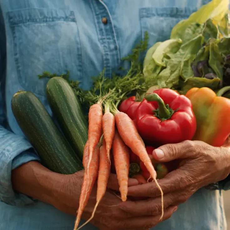 Manos sosteniendo zanahorias, calabacines, pimientos y lechuga recién cosechados